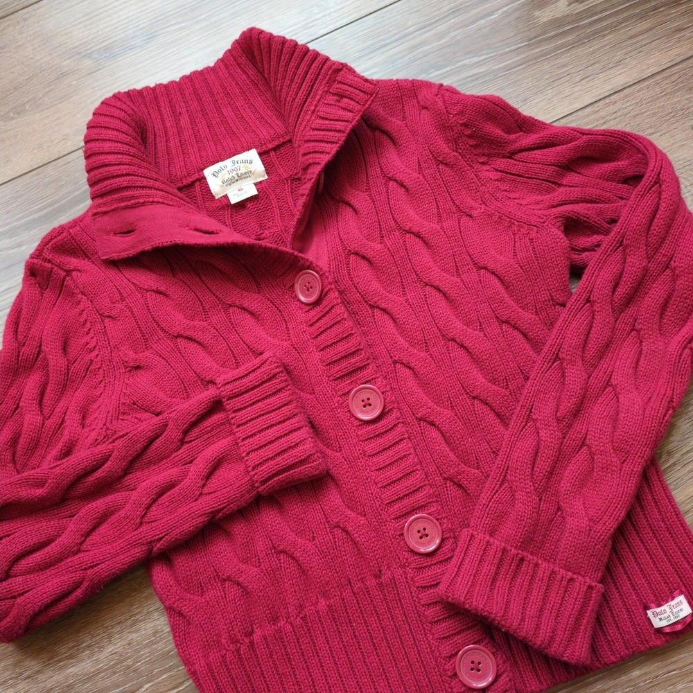 Ralph‎ Lauren Polo Jeans Button Cardigan Sweater Chunky Cable Knit Cotton Red S